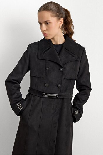 Olcay Handkerchief Collar Stone Detailed Suede Look Overcoat Black 6794