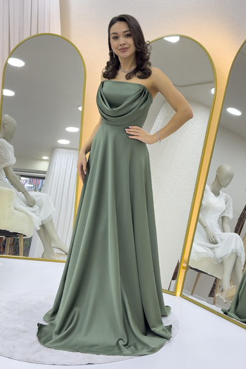 zks grup tekstil Women's Strapless Satin Long Evening Dress Burgundy, Khaki, Red, Navy Blue, Black, Tan