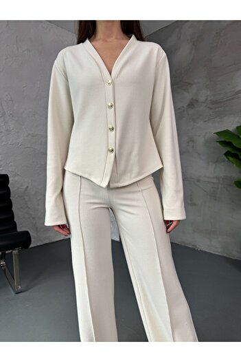 Elif Özbey Butik Ecru Gold Buttoned Cardigan Thessaloniki Set