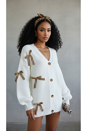 NİLZA Leopard Patterned Bow Detailed Buttoned Oversize Long Women's Cardigan