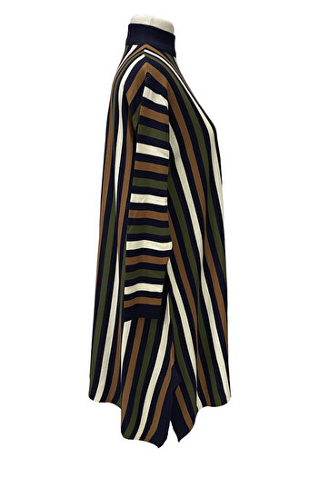 Giyinen Mağazaları Navy Blue Sare Round Neck Striped Asymmetrical Cut Knitwear Standard Tunic