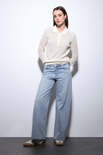 Antioch Ecru Polo Neck Patterned Knitwear Women's Sweater