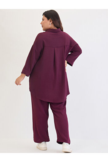 Femmella By Styli Plus Size Burgundy Longline Tunic and Pants Co-Ords