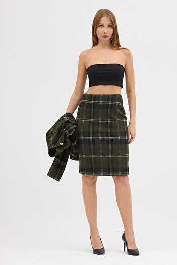 Laranor Desen3 Green Cotton Plaid Fabric Zippered Pencil Skirt Day - Night Chic 25L8142