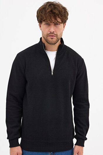 mmetalic Men's Black Standard Fit Regular Cut Cotton Half Zipper Stand Collar Cotton Sweatshirt