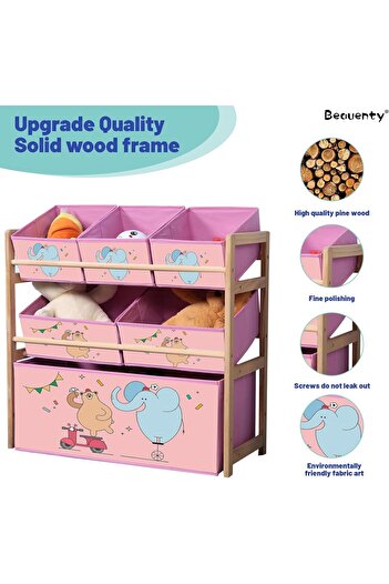 Saharaz 3-Layer Solid Wood Cartoon Toy Rack,Detachable Box With 6 Pattern Canvas Buckets,(Elephant)