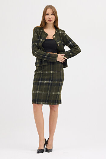 Laranor Desen3 Green Cotton Plaid Fabric Zippered Pencil Skirt Day - Night Chic 25L8142
