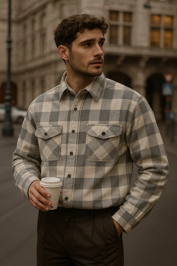 COMBİNE MİCHAİL Men's Winter Pocketed Gray Loose Fit Lumberjack Shirt