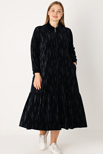 İntensive Navy Blue Patterned Zippered Pocket Maxi Length Cotton Velvet Women's Plus Size Dress