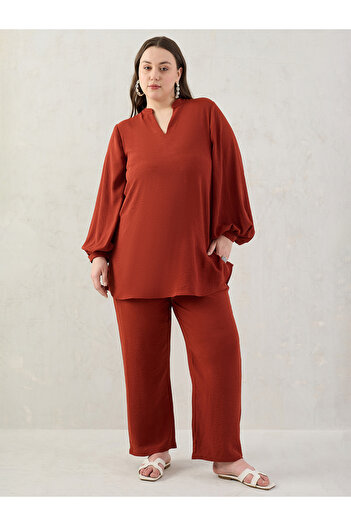 Femmella By Styli Plus Size Rust Longline Tunic and Pants Co-Ords