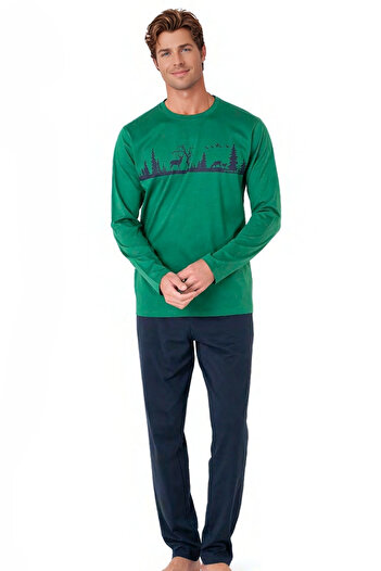 Pierre Cardin Men's Long Sleeve Cotton Nature Themed Pajama Set