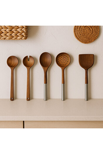 Hope 5 Piece Steel Handle Serving Set - Acacia Serving Spoon Spatula Scoop Set Serving Set