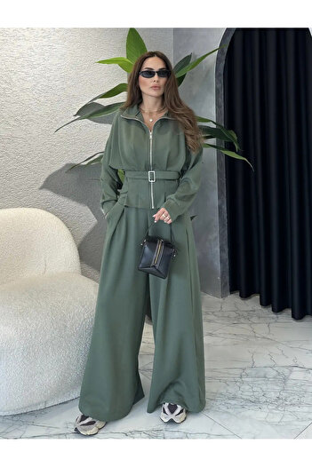 My Blog Khaki Bell-Bottom Pants with Belt and Tie Set - 7278