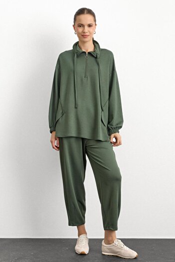 Olcay Knitted Sweat Suit with Zipper and Cup Detail Haki 9385-Tk