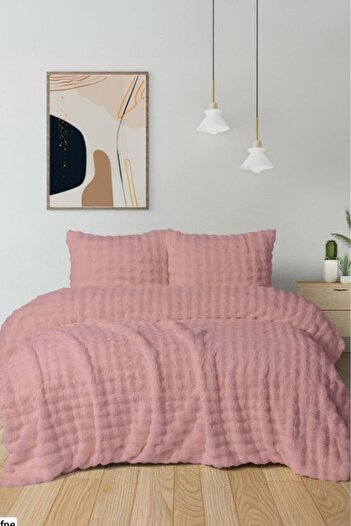 Çeyiz Diyarı Merinos Diamond Bubble Fur Double Comforter Set Dusty Rose