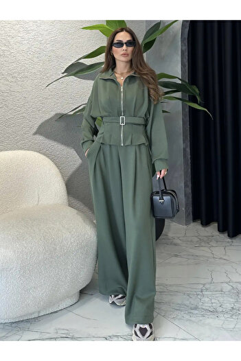 My Blog Khaki Bell-Bottom Pants with Belt and Tie Set - 7278