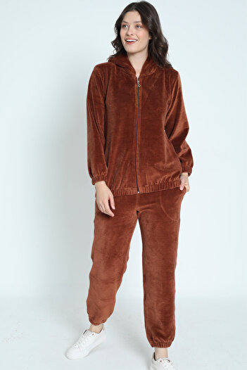 İntensive Brown Long Sleeve Pocket Zipper Hooded Cotton Velvet Women's Bottom Top Set