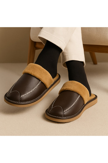Shoebuo Ανδρικές παντόφλες για το σπίτι με γούνα, κομψές, άνετες, μη ηχητικές σόλες, παντόφλες για το σπίτι και το πακέτο προίκας