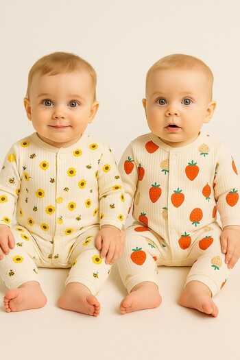 dinamik çocuk Baby Romper Set of 2 - (2 Rompers) Bee and Strawberry Printed Snap Fastener Romper Set 100% Cotton 1-3-6 Months