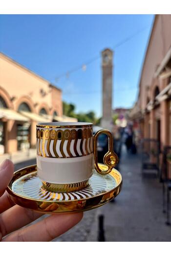 Hepyek Bycomo 6-Person Gold Patterned Porcelain Turkish Coffee Cup Set – 6 Cups 6 Saucers