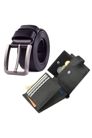 PriStyle ® Men's Wallet and Belt Set - Genuine Leather, Coin Pocket, Zip Pocket, RFID Protection, Bl