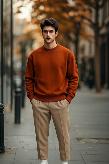 COMBİNE MİCHAİL Men's Casual Basic Cinnamon Loose Sweater