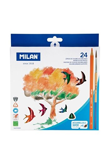 Milan Watercolor Pencils with Brush, Color Multicolor, Material Wood, Triangular Body, 24 pcs/set