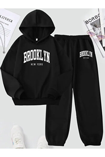 AEMİ Unisex Brooklyn Printed Hooded Sweatshirt and Jogger Sweatpants - Top and Bottom Set