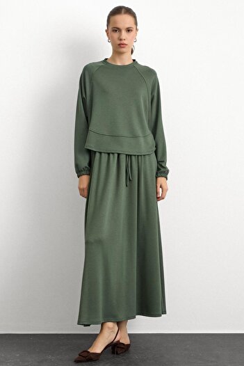 Olcay Crew Neck Knitted Sweat Skirt Set Khaki 9386-Tk