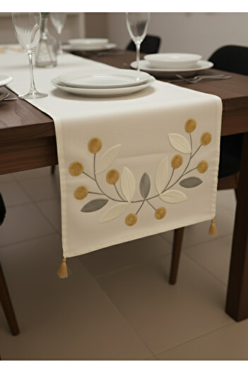 Destiva Home Buldan Handcrafted Floral Pattern Embroidered Yellow Tasseled Cotton Runner (40X130 cm)