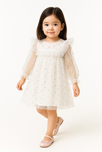 2kids2mom Baby Girl Dress Long Sleeve Tulle Tutu Starry Birthday Special Day Party Wedding Girl Kids Dress