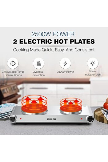 Nikai Double Hot Plate Hob - Twin Cooktop 2500W, Adjustable Thermostat, Overheat Protection