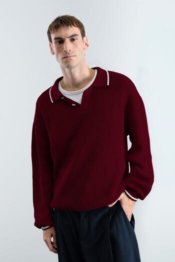 GIESTO Gold Buttoned Contrast Striped Polo Neck Burgundy Sweater