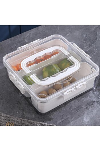 PUFO Food storage box for the refrigerator with airtight lid and 3 removable compartments, 35 x 25 cm