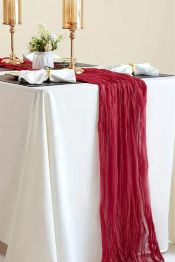 Hobi Goom Red Chiffon Draped, Wrinkled Textured Decorative Fabric Bohemian Table Runner |   180X80 cm