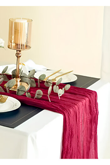 Hobi Goom Red Chiffon Draped, Wrinkled Textured Decorative Fabric Bohemian Table Runner |   180X80 cm