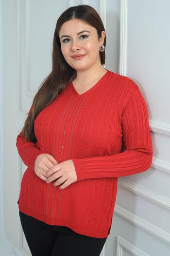 By Saygı Women's V-Neck Front Stripe Stone Printed Ribbed Plus Size Cold Yarn Knitwear Blouse