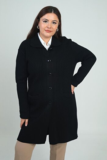 By Saygı Women's Front Patterned Pocketed Ribbed Plus Size Lycra Knitwear Cardigan