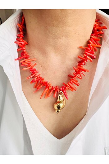 DEVİ fashion Devilux Coral Natural Stone Snail Necklace 45 cm