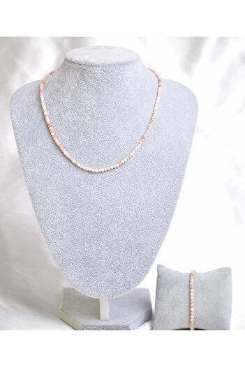 Safnaturel Certified Pink Opal Natural Stone Necklace and Bracelet Set 4 mm