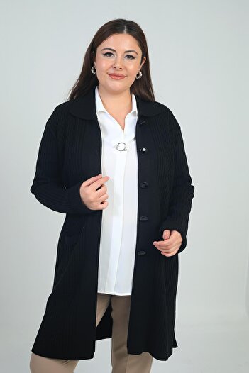 By Saygı Women's Front Patterned Pocketed Ribbed Plus Size Lycra Knitwear Cardigan