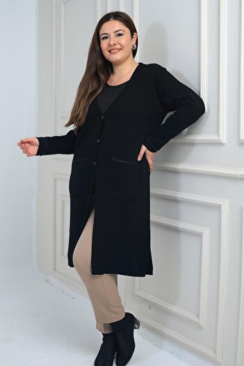 By Saygı Women's Pockets Stripe Detailed Plus Size Long Knitwear Cardigan