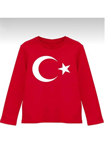 Yollo Kids Unisex Çocuk Uzun Kollu Kırmızı Ay-Yıldızlı Tişört 100% Pamuk 29 Ekim Kutlama