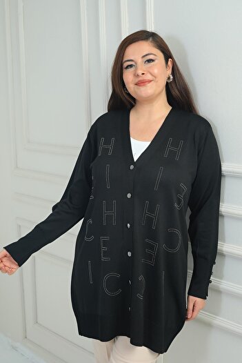 By Saygı Women's Sleeves Button Detailed Stone Letter Printed Cold Yarn Plus Size Cardigan
