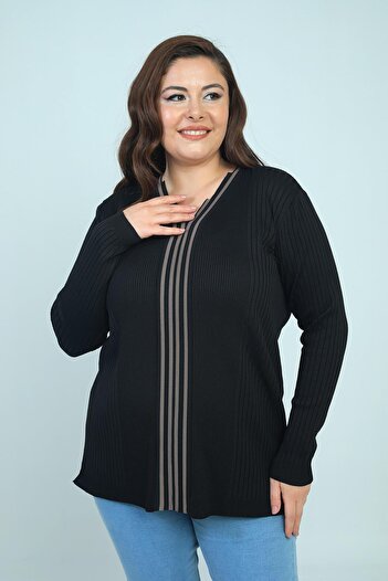 By Saygı Women's V-Neck Front Stripe Ribbed Cold Yarn Plus Size Knitwear Blouse