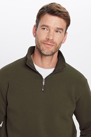 Tudors Unisex Relax Fit Comfortable Cut Cotton Fleece Lined Half Zipper Khaki Stand Collar Sweatshirt