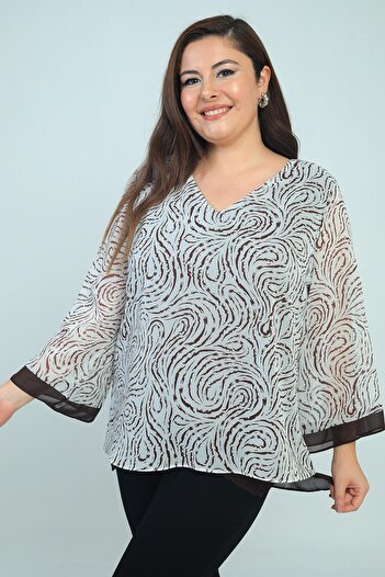 By Saygı Women's V-Neck Patterned Plus Size Chiffon Blouse