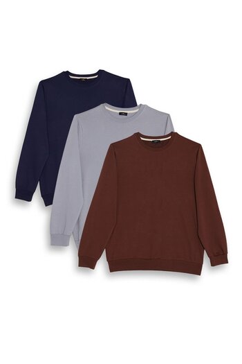 Tudors Men's 3-Pack Navy Blue-Grey-Brown Relax Fit Comfortable Cut 100% Cotton 2 Thread Crew Neck Sweatshirt