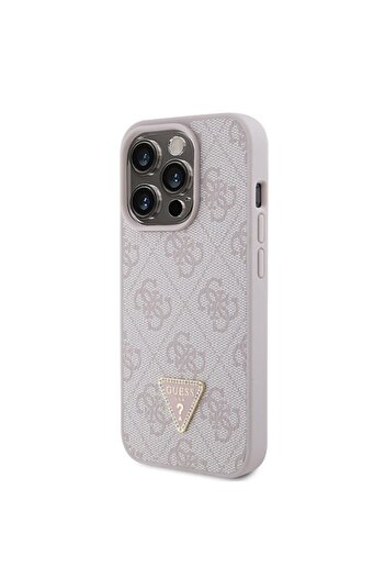 Guess iPhone 15 Pro Pink Hardcase Faux Leather 4G Triangle Strass