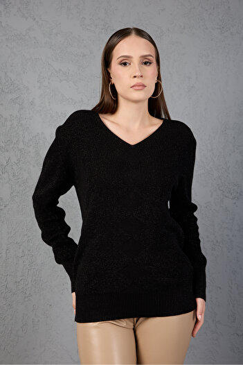 Moda Days Women's Black Glitter Thessaloniki Knitwear Diamond Pattern Wide Cuff V-Neck Knitwear Sweater